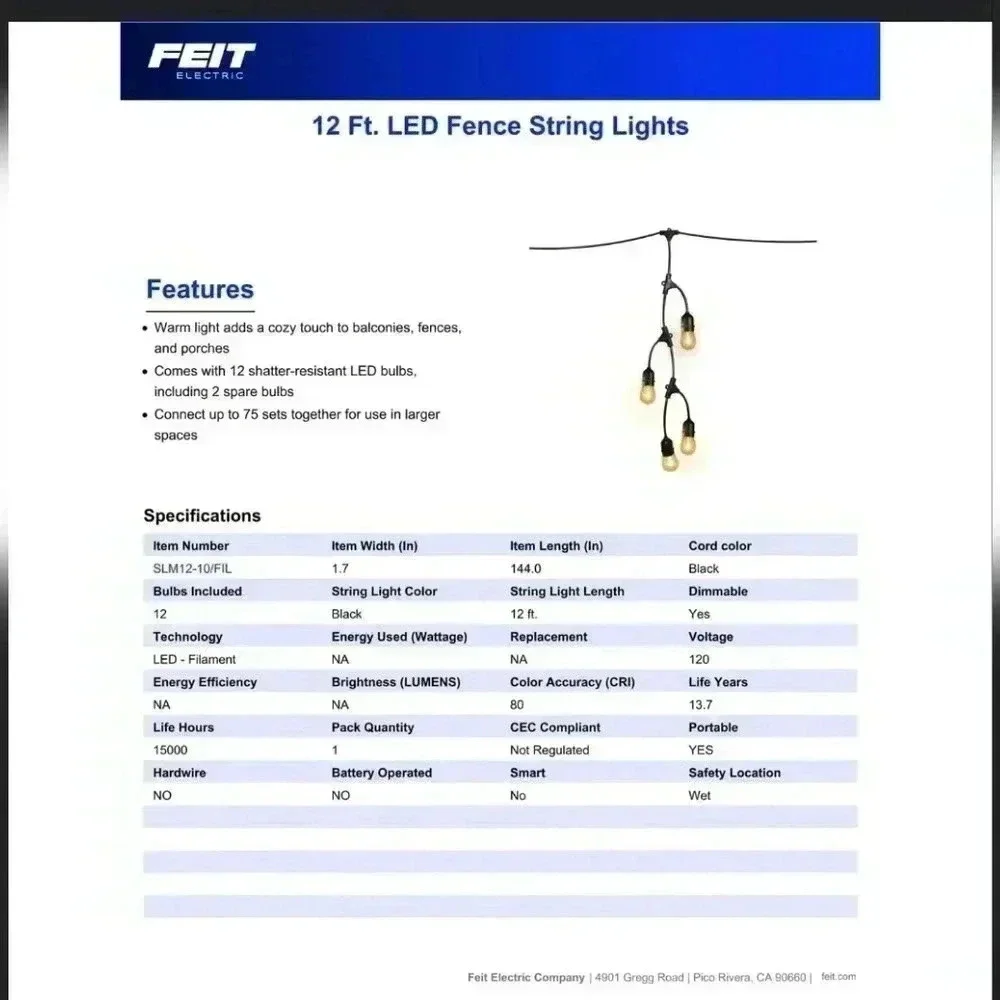 Feit Electric 12ft LED Outdoor Fence String Lights, 10 Sockets, 12pc. E26 Base